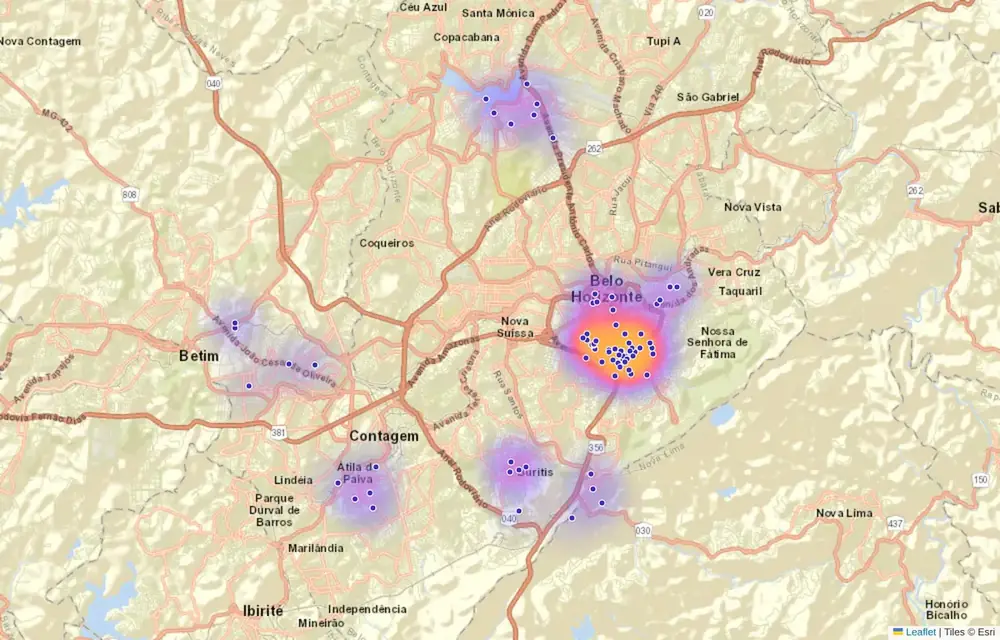 Mapa de calor da turma na Grande BH: os núcleos aparecem por bairro, e não por cidade.